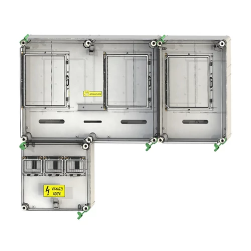 Csatári Plast PVT 7590 Á-V-H-Fm-SZ Fogy.mérő szekrény, 1 felhaszn. helyes M63.80A, V32A és H63.80A mérés, szabadvezetékes, felületre szerelt