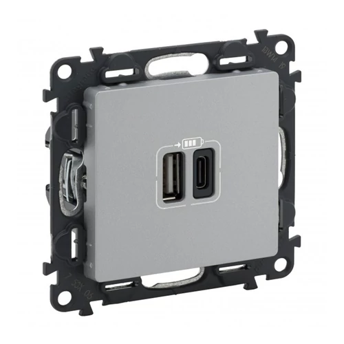 Legrand 753306 Valena Life töltőaljzat kettős USB C-típusú + USB A-típusú csatlakozóval, alumínium